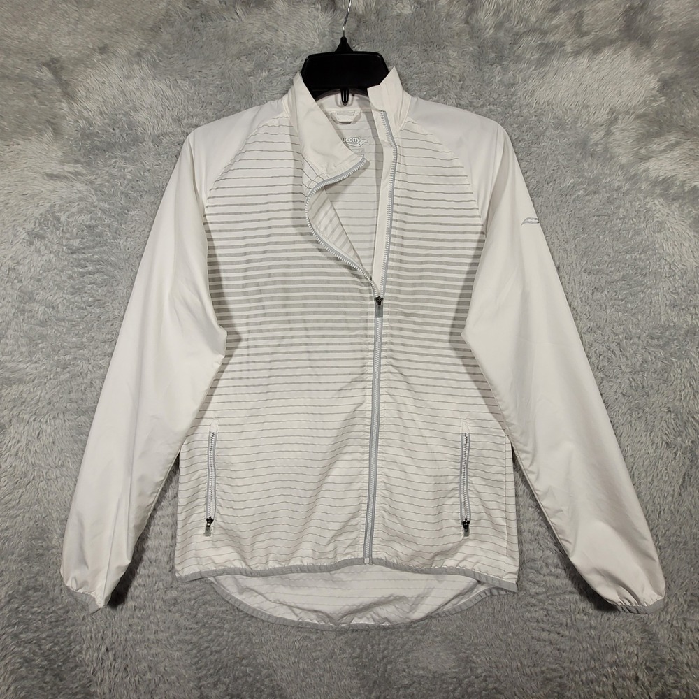 Saucony Womens Running Jacket Size S White Gray Striped Full Zip Lightweight